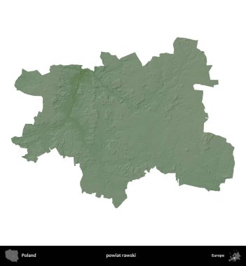 Rawski İlçesi. Polonya 'nın idari bölgesi renkli bir yükseklik haritasında beyaza izole edildi