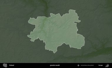Rawski İlçesi. Polonya 'nın idari bölgesi koyu renkli bir yükseklik haritasına vurgulandı ve özetlendi