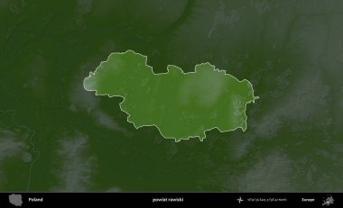 Rawicki İlçesi. Polonya 'nın idari bölgesi koyu renkli bir yükseklik haritasına vurgulandı ve özetlendi