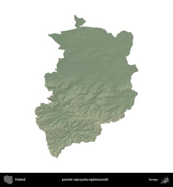 Ropczycko-sedziszowski ilçesi. Polonya 'nın idari bölgesi renkli bir yükseklik haritasında beyaza izole edildi