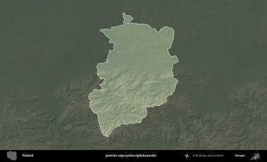 Ropczycko-sedziszowski ilçesi. Polonya 'nın idari bölgesi koyu renkli bir yükseklik haritasına vurgulandı ve özetlendi