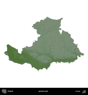 Rycki İlçesi. Polonya 'nın idari bölgesi renkli bir yükseklik haritasında beyaza izole edildi