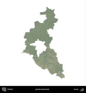 Rzeszowski İlçesi. Polonya 'nın idari bölgesi renkli bir yükseklik haritasında beyaza izole edildi