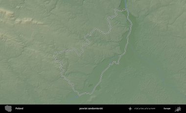 Sandomierski İlçesi. Polonya 'nın idari bölgesi renkli bir yükseklik haritasında özetlendi