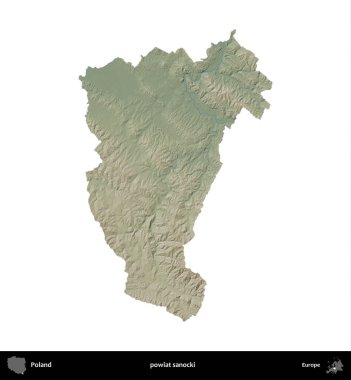 Sanocki İlçesi. Polonya 'nın idari bölgesi renkli bir yükseklik haritasında beyaza izole edildi