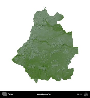 Sepolenski İlçesi. Polonya 'nın idari bölgesi renkli bir yükseklik haritasında beyaza izole edildi