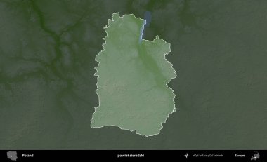 Sieradzki İlçesi. Polonya 'nın idari bölgesi koyu renkli bir yükseklik haritasına vurgulandı ve özetlendi