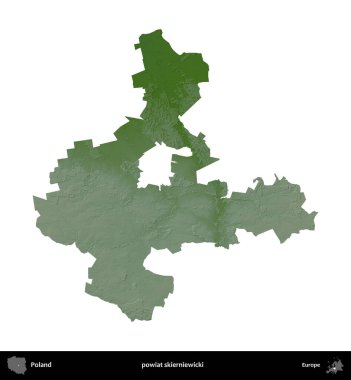 Skierniewicki İlçesi. Polonya 'nın idari bölgesi renkli bir yükseklik haritasında beyaza izole edildi