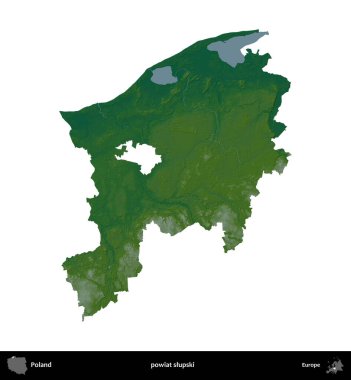 Slupski İlçesi. Polonya 'nın idari bölgesi renkli bir yükseklik haritasında beyaza izole edildi