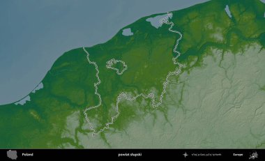Slupski İlçesi. Polonya 'nın idari bölgesi renkli bir yükseklik haritasında özetlendi