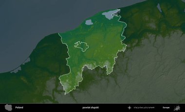 Slupski İlçesi. Polonya 'nın idari bölgesi koyu renkli bir yükseklik haritasına vurgulandı ve özetlendi