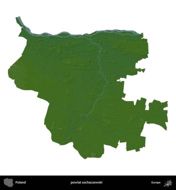 Sochaczewski İlçesi. Polonya 'nın idari bölgesi renkli bir yükseklik haritasında beyaza izole edildi