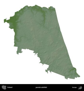 Sokolski İlçesi. Polonya 'nın idari bölgesi renkli bir yükseklik haritasında beyaza izole edildi