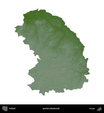 Sokolowski İlçesi. Polonya 'nın idari bölgesi renkli bir yükseklik haritasında beyaza izole edildi