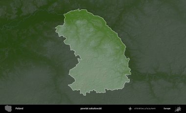 Sokolowski İlçesi. Polonya 'nın idari bölgesi koyu renkli bir yükseklik haritasına vurgulandı ve özetlendi