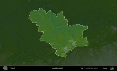 Sremski İlçesi. Polonya 'nın idari bölgesi koyu renkli bir yükseklik haritasına vurgulandı ve özetlendi