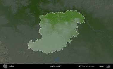 Sredzki İlçesi. Polonya 'nın idari bölgesi koyu renkli bir yükseklik haritasına vurgulandı ve özetlendi