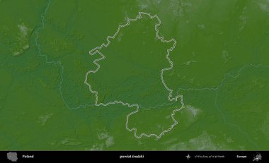 Sredzki İlçesi. Polonya 'nın idari bölgesi renkli bir yükseklik haritasında özetlendi