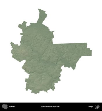Starachowicki ilçesi. Polonya 'nın idari bölgesi renkli bir yükseklik haritasında beyaza izole edildi