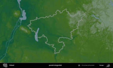 Stargardzki İlçesi. Polonya 'nın idari bölgesi renkli bir yükseklik haritasında özetlendi