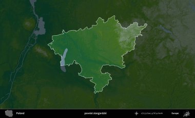 Stargardzki İlçesi. Polonya 'nın idari bölgesi koyu renkli bir yükseklik haritasına vurgulandı ve özetlendi