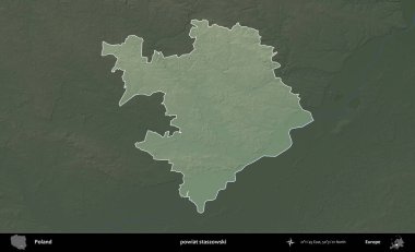 Staszowski İlçesi. Polonya 'nın idari bölgesi koyu renkli bir yükseklik haritasına vurgulandı ve özetlendi