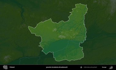 Strzelecko-drezdenecki İlçesi. Polonya 'nın idari bölgesi koyu renkli bir yükseklik haritasına vurgulandı ve özetlendi