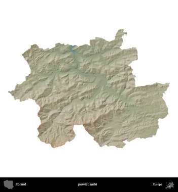 Suski ilçesi. Polonya 'nın idari bölgesi renkli bir yükseklik haritasında beyaza izole edildi