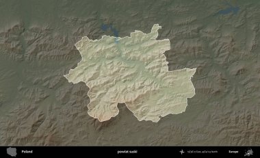 Suski ilçesi. Polonya 'nın idari bölgesi koyu renkli bir yükseklik haritasına vurgulandı ve özetlendi