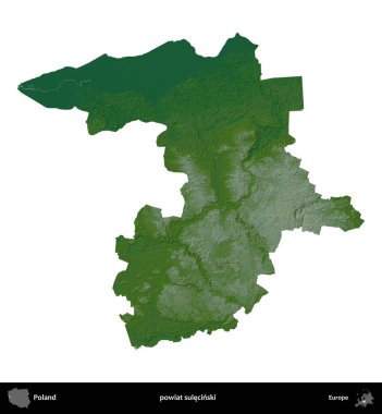 Sulecinski İlçesi. Polonya 'nın idari bölgesi renkli bir yükseklik haritasında beyaza izole edildi