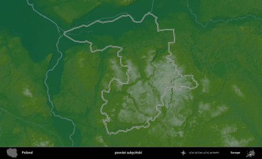 Sulecinski İlçesi. Polonya 'nın idari bölgesi renkli bir yükseklik haritasında özetlendi