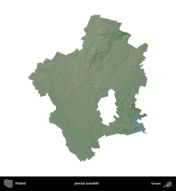 Suwalski İlçesi. Polonya 'nın idari bölgesi renkli bir yükseklik haritasında beyaza izole edildi