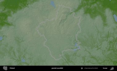 Suwalski İlçesi. Polonya 'nın idari bölgesi renkli bir yükseklik haritasında özetlendi
