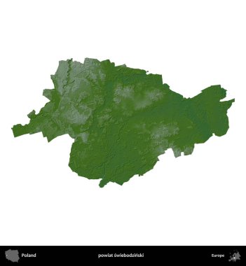 Swiebodzinski İlçesi. Polonya 'nın idari bölgesi renkli bir yükseklik haritasında beyaza izole edildi