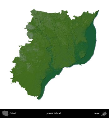 Swiecki İlçesi. Polonya 'nın idari bölgesi renkli bir yükseklik haritasında beyaza izole edildi