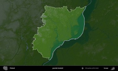 Swiecki İlçesi. Polonya 'nın idari bölgesi koyu renkli bir yükseklik haritasına vurgulandı ve özetlendi