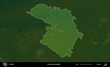 Szamotulski İlçesi. Polonya 'nın idari bölgesi koyu renkli bir yükseklik haritasına vurgulandı ve özetlendi
