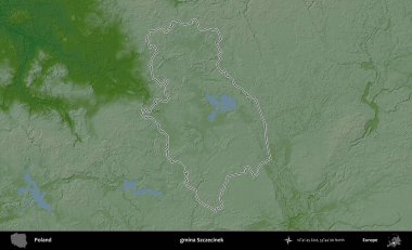 Szczecinek Komünü. Polonya 'nın idari bölgesi renkli bir yükseklik haritasında özetlendi