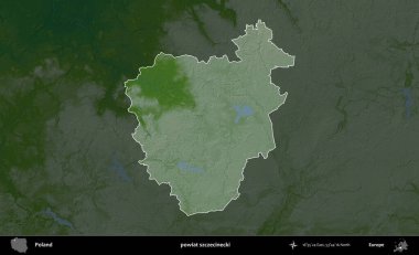 Szczecinecki İlçesi. Polonya 'nın idari bölgesi koyu renkli bir yükseklik haritasına vurgulandı ve özetlendi