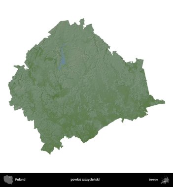 Szczycienski İlçesi. Polonya 'nın idari bölgesi renkli bir yükseklik haritasında beyaza izole edildi
