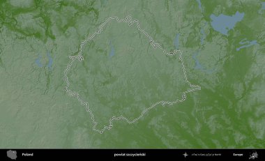Szczycienski İlçesi. Polonya 'nın idari bölgesi renkli bir yükseklik haritasında özetlendi