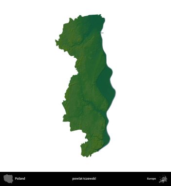 Tczewski İlçesi. Polonya 'nın idari bölgesi renkli bir yükseklik haritasında beyaza izole edildi