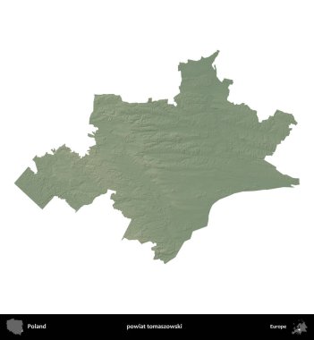 Tomaszowski İlçesi. Polonya 'nın idari bölgesi renkli bir yükseklik haritasında beyaza izole edildi
