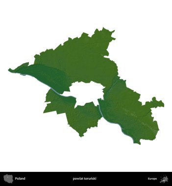 Torunski İlçesi. Polonya 'nın idari bölgesi renkli bir yükseklik haritasında beyaza izole edildi