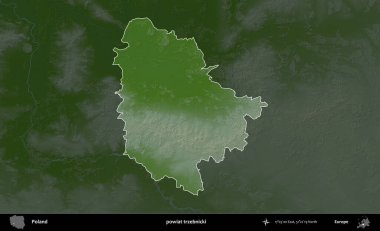 Trzebnicki İlçesi. Polonya 'nın idari bölgesi koyu renkli bir yükseklik haritasına vurgulandı ve özetlendi