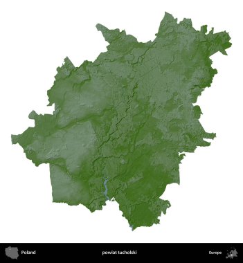 Tucholski İlçesi. Polonya 'nın idari bölgesi renkli bir yükseklik haritasında beyaza izole edildi