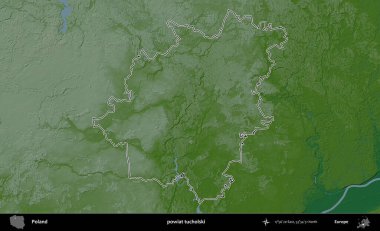 Tucholski İlçesi. Polonya 'nın idari bölgesi renkli bir yükseklik haritasında özetlendi