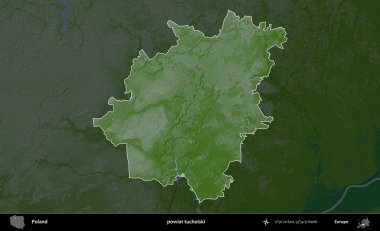 Tucholski İlçesi. Polonya 'nın idari bölgesi koyu renkli bir yükseklik haritasına vurgulandı ve özetlendi