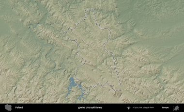 Ustrzyki Dolne Komünü. Polonya 'nın idari bölgesi renkli bir yükseklik haritasında özetlendi