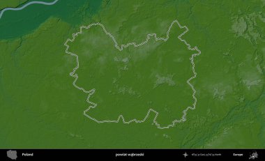 Wabrzeski İlçesi. Polonya 'nın idari bölgesi renkli bir yükseklik haritasında özetlendi